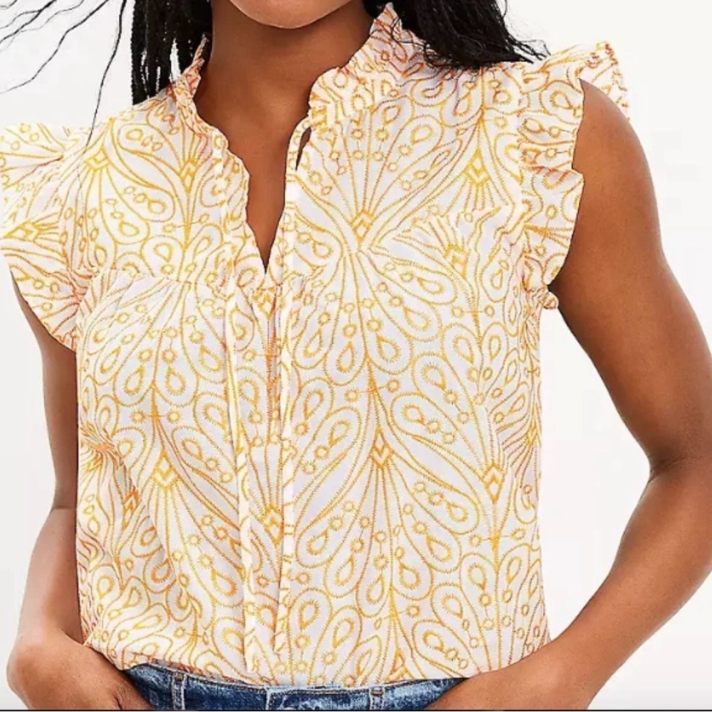 Loft Petite Eyelet Ruffle Tie Neck Top Size: L